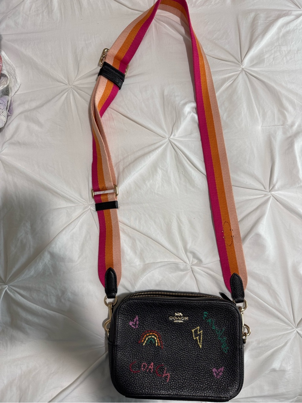 Coach Black Leather Crossbody with Multicolor Stripe Strap
